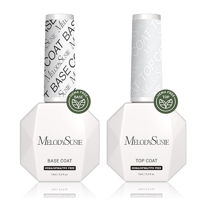 MelodySusie Hema Free Gel Polish Base and Top Coat Set, Tpo Free 2PCS 0.5 Fl Oz Long Lasting Soak Off UV No Wipe Glossy Top Coat and Base Coat for Nail Polish, Nail Art Design Manicure Kit Salon Home