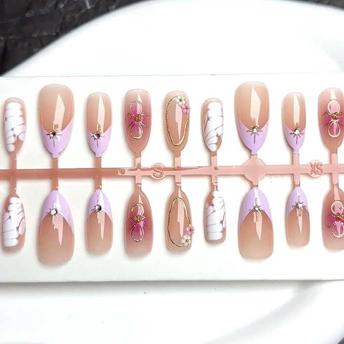 30Pcs Handmade Press on Nails, Rhinestone Stick on Purple French Tip False Nails with 3D Gold Flowers Lines Designs Pink Glossy Glue on Nail Full Cover Press Ons Fake Nails for Women