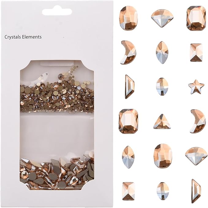 100pcs Multi Shape Glass Flatback Golden Shadow Nail Rhinestones 720pcs Loose Round Beads Diamond Mix Size Bulk Pack for Nails Art Supply