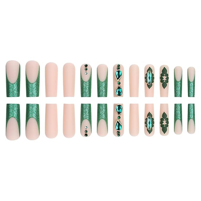 Long Square Press on Nails Green French Tip Fake Nails Green Gem Flower Design Full Cover Glossy Glue on Nails for Women 24PCS