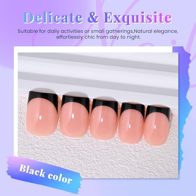 Nude+Black French Tips Press on Nails, Short Square Acrylic Fake Nails Design, Natural Reusable Glue-On Nails Kit for Women DIY False Nail Art Decoration Gift, Salon Quality Reusable 32 Pcs