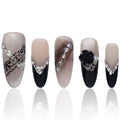 Press On Nails Acrylic Almond Press On Nails Women Gifts 3D Black French Tip Nails COOLYOUNG Fake Nails, 15 PCS, Size L