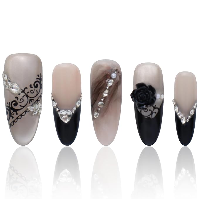 Press On Nails Acrylic Almond Press On Nails Women Gifts 3D Black French Tip Nails COOLYOUNG Fake Nails, 15 PCS, Size L