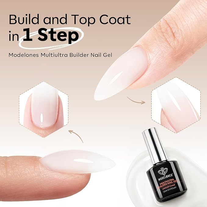 modelones Builder Nail Gel No-Wipe, 9-in-One Nude Pink Builder for Nails, C-Curve Sculpting, Glossy Jelly Finish, No Top Coat Needed LED Lamp Cured Color Rubber Base Gel Polish for Quick DIY Salon