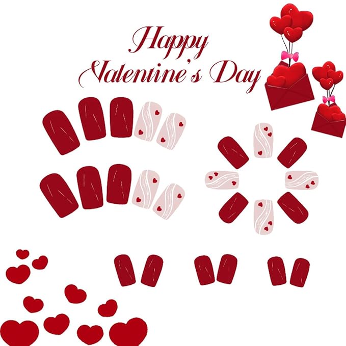 Valentines Heart Press on Nails Short Square Fake Nails Red Valentines Nails Press ons with Glue Designs Glossy Acrylic Nails Reusable Full Cover Glue on Nails for Women Holiday Manicure 24Pcs