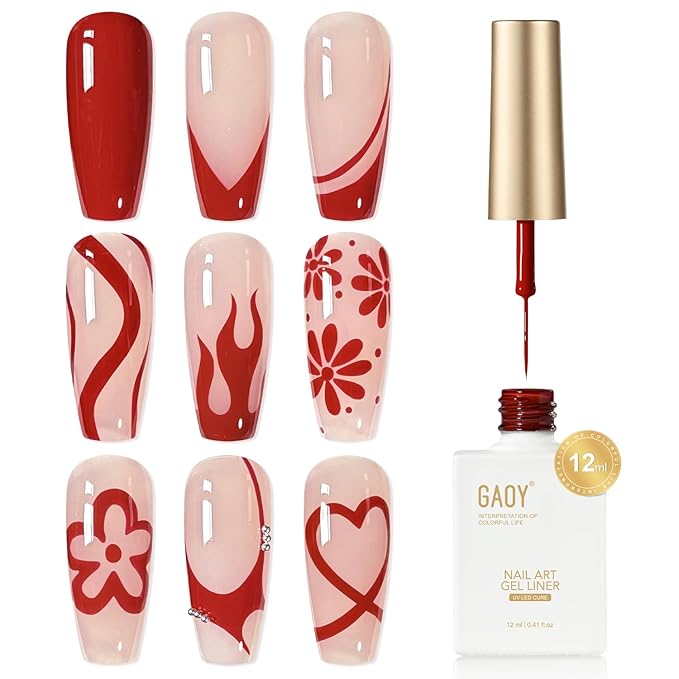GAOY Red Swirl Gel Nail Polish Art Liner, 12ml Bright Red Color Nail Paint Design with Thin Brush, UV Light Cure for DIY French Manicure at Home