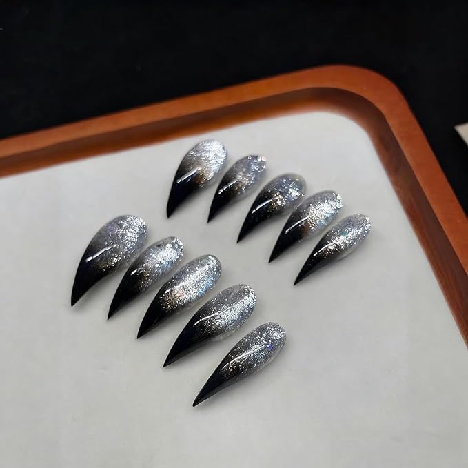 Handmade Press on Nails Silver Glitter Eagle Claw Fake Nails Designs Black French Tip False Nail Full Cover Long Curved Stiletto Stick on Nail Muti-Layer Gel Acrylic Nails for Women (Size M)
