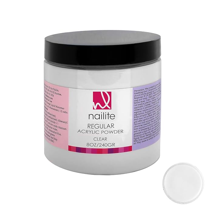 Regular – Professional Acrylic Powder for Nail Extension, Slow Setting System, EMA Formula and Non-Yellowing Effect – Clear (8 Oz.)