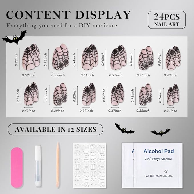 Nude Pink Halloween Press on Nails Short Almond with Cobweb Designs, Short Almond Artificial Fake Nails with Spider Web Design, Perfectly Fit Full Cover Glossy Stick on Ghost Nail for Women Girls