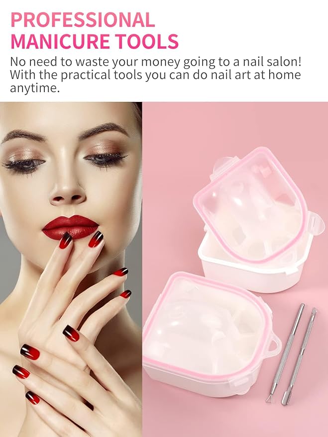 Nail Soaking Bowl, 2PCS Soak Off Gel Polish Dip Powder Remover Manicure Bowl with Triangle Cuticle Peeler and Stainless Steel Cuticle Pusher Nail Art Tool (Pink)
