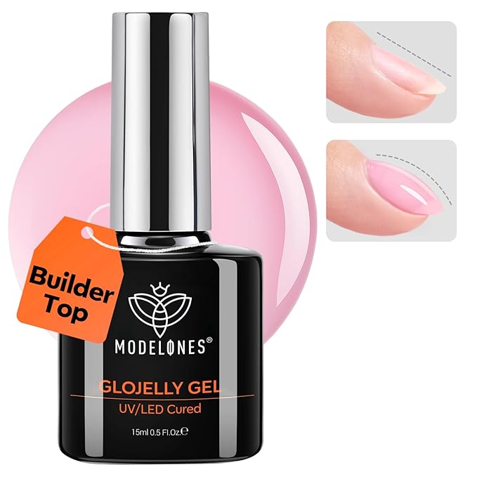 modelones Builder Nail Gel Top Coat, 15 ML No Wipe Ultra Gloss Jelly Pink Gel Polish Apex Building Nails Strengthening Extension Sheer Blush Color Nail Art Long Lasting Soak Off U V Manicure Gift