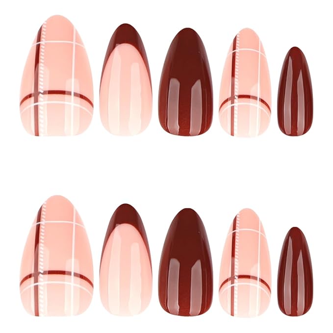 Plaid Press on Nails Medium Almond Fake Nails Dark Red Nails Press ons with Design,Reusable Artificial Nail Full Cover Stick on Nails for Women Fall Winter Manicure 24Pcs
