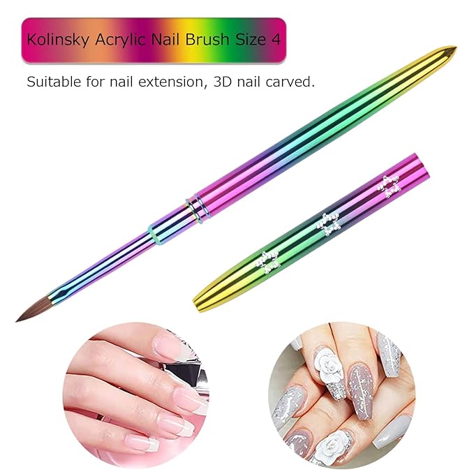 2Pcs Kolinsky Acrylic Nail Brush Set Rainbow Handle 3D Nail Art Brushes Size 2 & 4