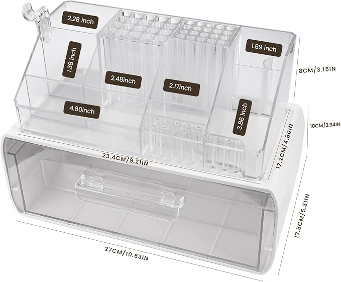 Nail Tech Desk Organizer Case: 2 Layers Nail Tech Organizers with Nail Polish Storage Drawer- 53 Holes Nail Drill Bits & Nail Brushes Pens Holder for Manicure Nail Supplies (Clear)