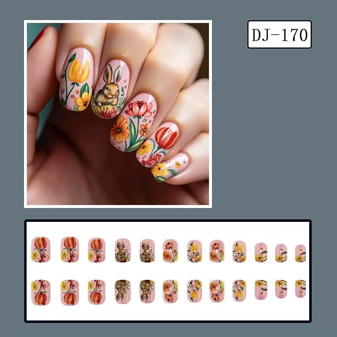 Easter Press on Nails Square - Medium Fake Nails with Buuny Design - Spring, Colorful Flower False Nails - for Women 24 Pcs