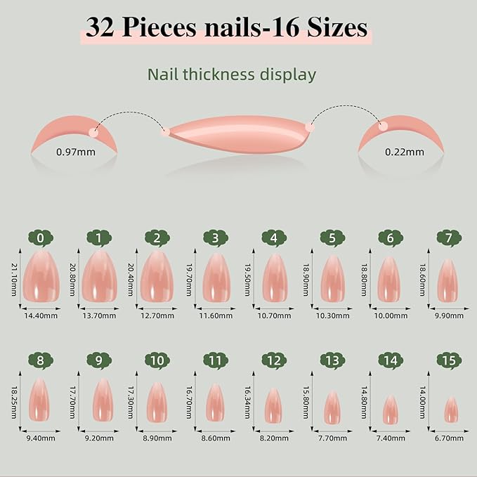 Pink Press On Nails Short Almond with Chrome Accent Design, Glossy Reusable Press On Nails for Women, 32 Count 16 Sizes Nail Kit with Glue (SV-15)