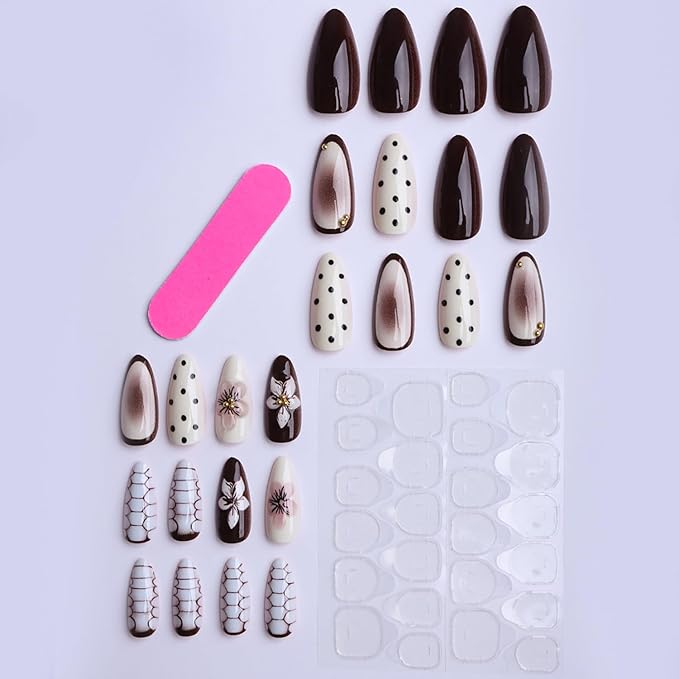 Press on Nails Medium Almond MABKJLF Fake Nails Floral False Nails with Polka Dots Flower Designs Brown&White Glossy Glue on Nail Fall Acrylic Nails for Women Girls 24Pcs