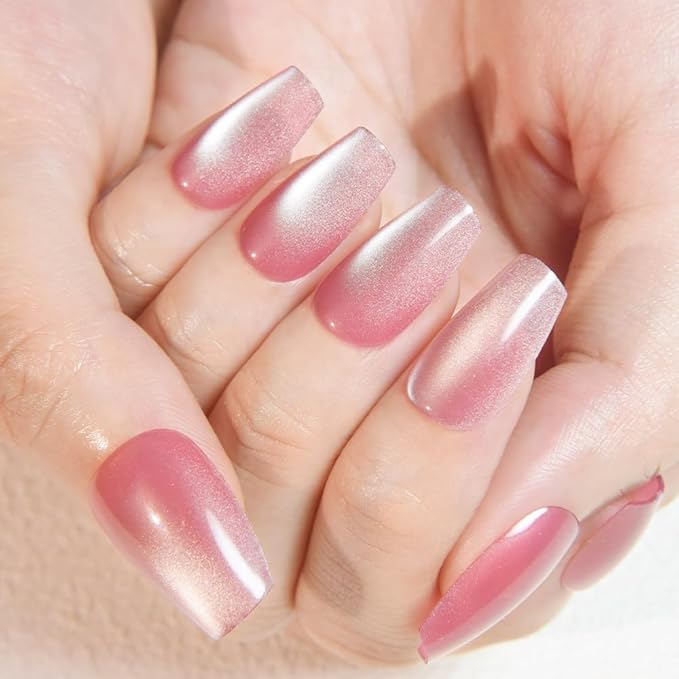 evpct Pink Cat Eye Press on Nails Square Medium Coffin, Medium Square Stick on Nails for Women Gift, Plum Pink Metallic Glitter Glossy Reusable Spring Summer Press on Acrylic Fake Nail with Design