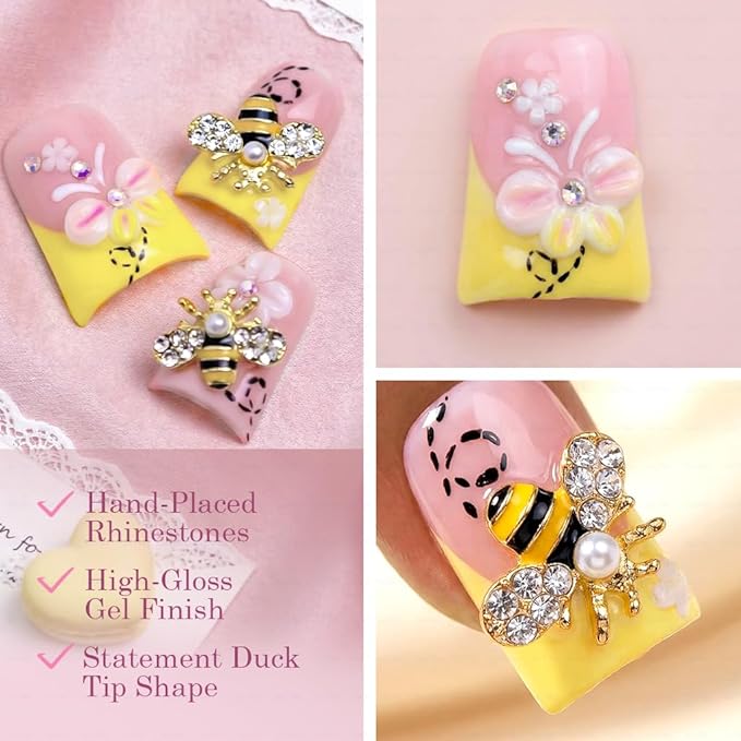 10 Pieces Luxury Acrylic Press On Nails Short Handmade Duck Nails, Butter Yellow Thickened False French Nails, Sugar Crystal Rhinestones, Floral Bee Charms, Reusable Acrylic Nails (S)