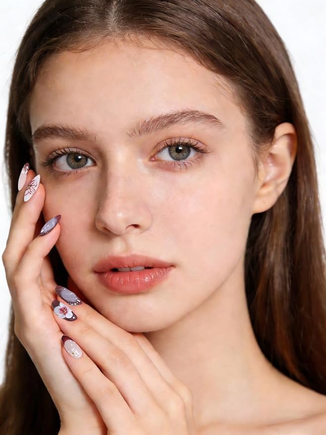 10Pcs Short Almond Handmade Press On Nails | Nude Pink & Burgundy Ombre with 3D Floral & Rhinestone Decor | Reusable Salon-Quality Fake Nails for Women and Girls (251209, XS)