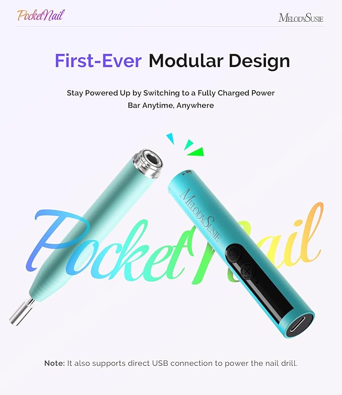MelodySusie PocketNail Pen-Shaped Cordless Modular Nail Drill, Extended Kit, PC100GR 20000RPM Slim Portable Rechargeable Electric File for Nail Care & Gel Removal at Home for Beginners, Light Blue
