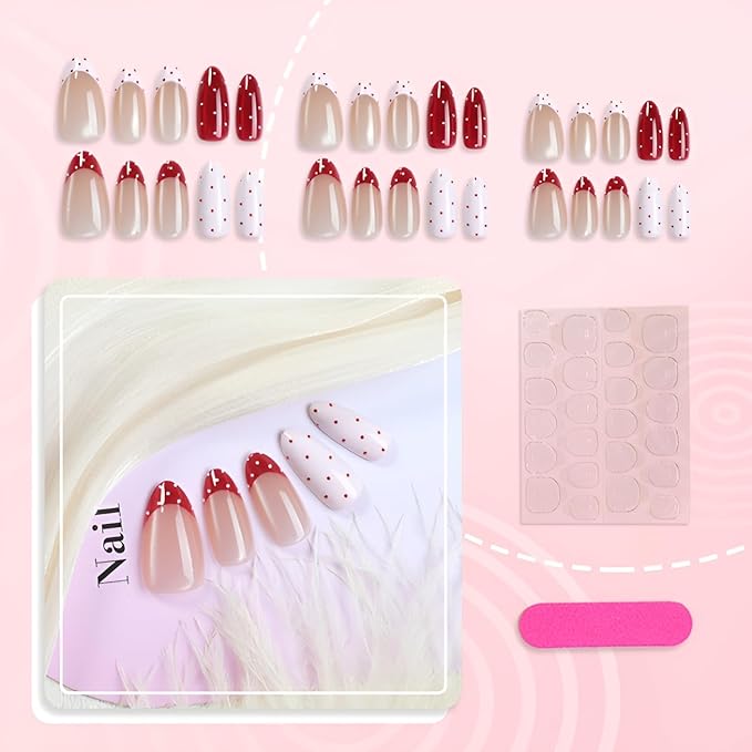 30Pcs Polka Dot Press on Nails Medium Almond Fake Nails French Tip Nails Press Ons Glossy False Nails Pink Red Glue on Nail Polka Dot French Tip Stick on Nail for Women Decoration Set