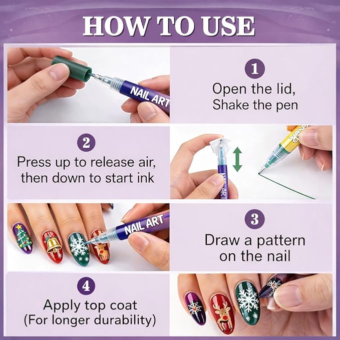 12 Colours Nail Art Markers, Nail Art Pens, Nail Polish Pens Set with Fine Tip, Water-Based Quick Dry Ink for DIY Nail Art, Manicure & Nail Design