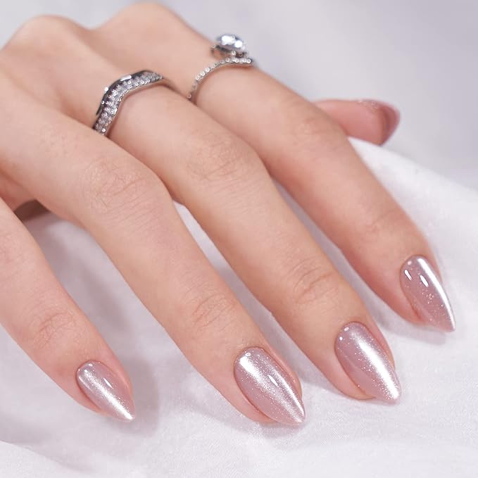 BTArtbox Press On Nails Almond - Short Soft Gel Fake Nails with Nail Glue, Opaque Reusable Stick On Nails in 16 Sizes - 32 Nail Kit, Falling Star Cat Eye