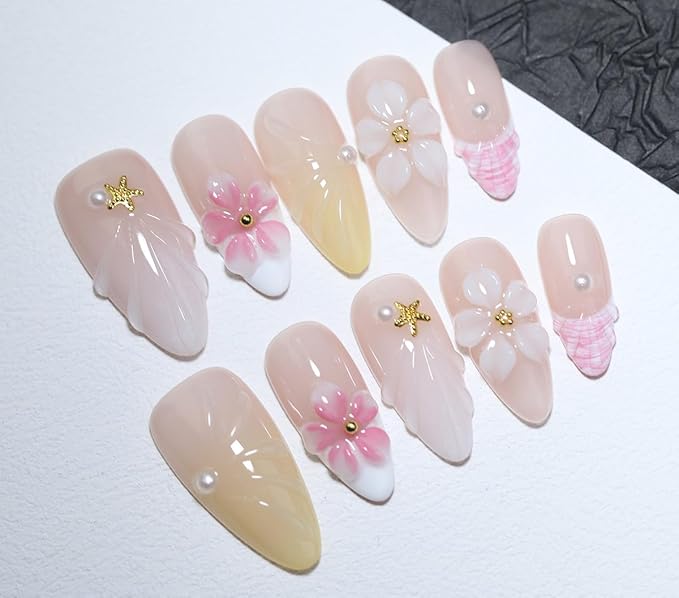 10Pcs Medium Almond Handmade Press On Nails | Nude Pink & Yellow Ombre with Seashell, Starfish, 3D Floral & Pearl Decor | Reusable Salon-Quality Fake Nails for Women and Girls (25901, M)