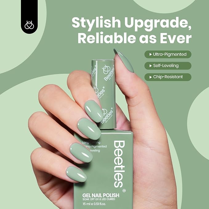Beetles Sage Green Gel Polish - Misty Sage 15ML/0.51Fl Oz, Green Gel Nail Polish, Soak Off UV LED Lamp Pastel Nails Art, Long-Lasting Manicure Salon Home Easter Spring St Patricks Day Nails