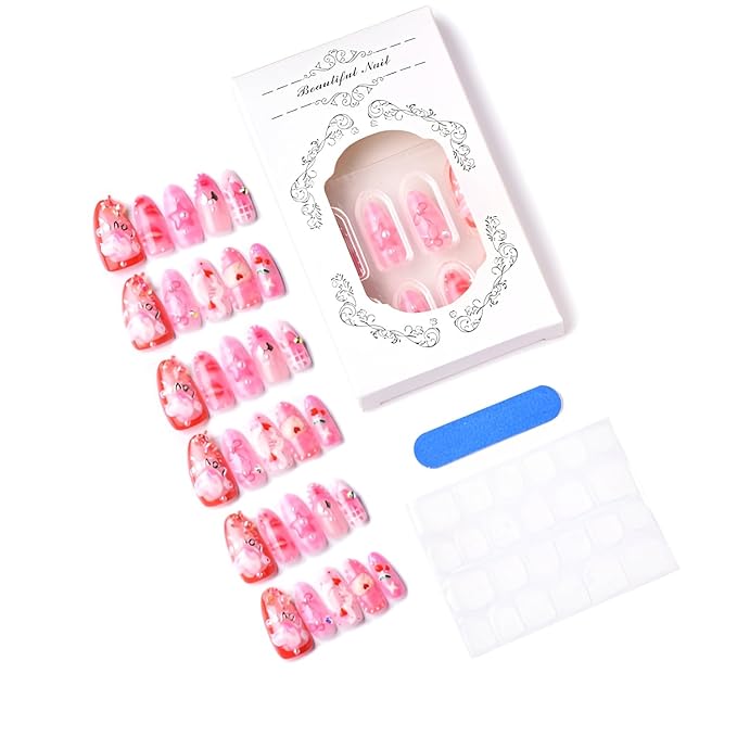 Valentines Fake Nails Medium Almond Press on Nails Heart Nails Press Ons Bow False Nails with Pearl Design Pink Stick on Nail Glossy Full Cover Glue on Nail for Women Decoration Set 30Pcs