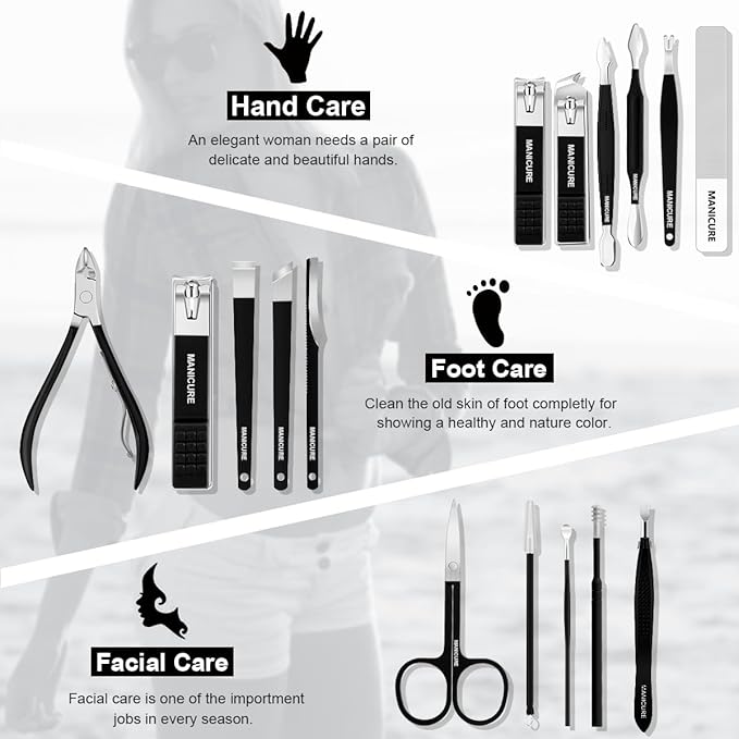 Manicure Set Professional Nail Clippers Pedicure Kit, 16 pcs Stainless Steel Nail Care Tools Grooming Kit with Luxurious Travel Leather Case for Thick Nails Men Women Gift (Black)
