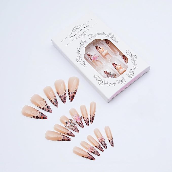 MISUD Press on Nails - Long Stiletto Fake Nails with Brown Leopard, Acrylic Bear Flower Design 24 pcs