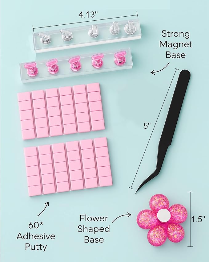 Nail Stand for Press On Nails – 2 Set Acrylic Nail Holders for Nail Art Practice, 10 Nail Stands, 60Pcs Reusable Putty, Flower Shaped Base & Tweezers, Nail Art Tool Kit for Salon & Home