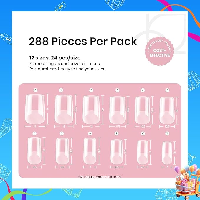 Beetles Gel Nail Tips Etch-X, Square Short, 288Pcs 12 Sizes, Pre-Etched Half Matte Full Cover Soft Acrylic Press on False Nail Tips Easy DIY Glue On Nail Extension Salon Gift for Women Girls