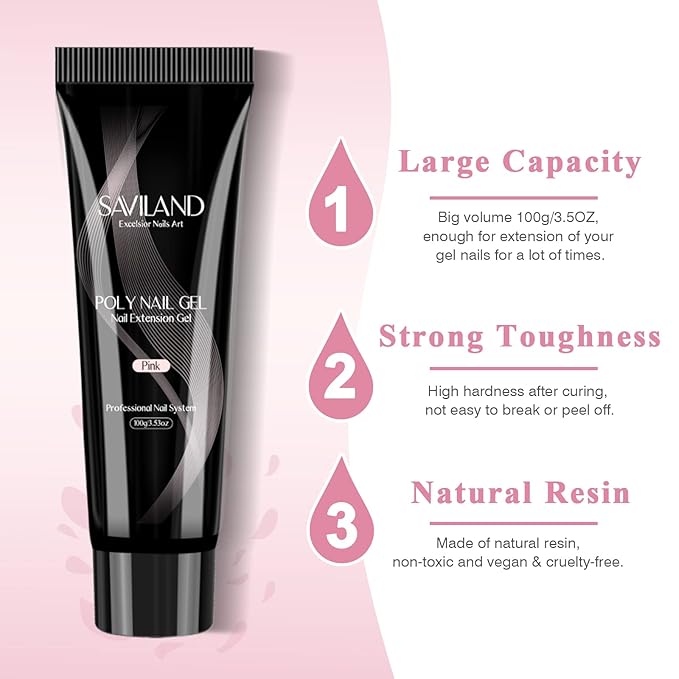 SAVILAND Poly Gel-100 G Pink Color Poly Nail Gel, Large Capacity Extension Durable Gel for Nail Strengthener, Long-Lasting, Easy to Use for Starter & Professional Manicure DIY Art Home Salon