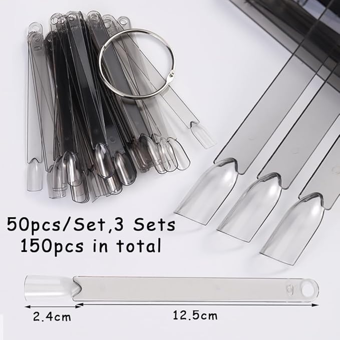 150 Pcs Nail Swatch Sticks with Metal Ring, Transparent Black Square Nail Tips for Nail Art Polish Practice Display, Acrylic False Nail Sample Sticks Nail tech Supplies for Home or Salon Use