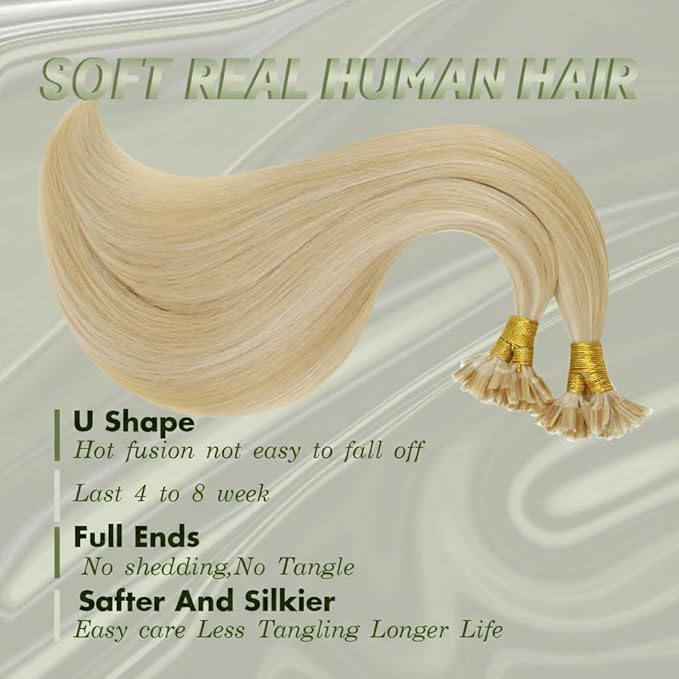 RUNATURE 24 Inch U Tip Hair Extensions Real Human Hair Ash Blonde Mix Platinum Blonde Utips Human Hair Extensions Long Straight Pre Bonded Ktip Hot Fusion Remy Hair 50g 50s