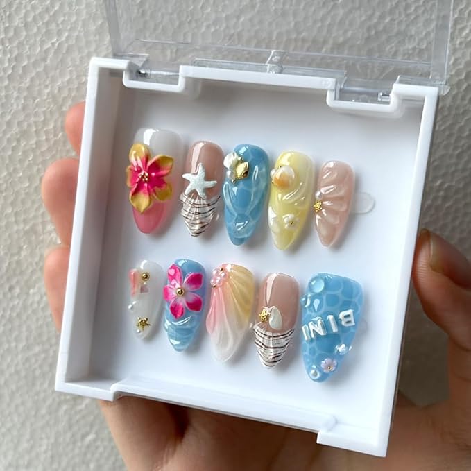 Press On Nails - Luxury Medium Almond 3D False Nails Women Reusable ABS Material Finger Printed Nail Tip French Salon Design Artificial Fingernail (Size S)