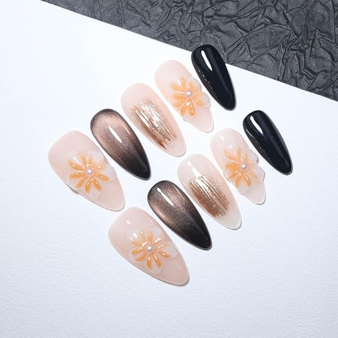 10 Medium Almond Handmade Press On Nails | Edgy Feminine Brown Cat Eye Fake Nails with 3D Floral, Gold Brushed & Black Accents | Reusable Salon Quality (5U05, M)