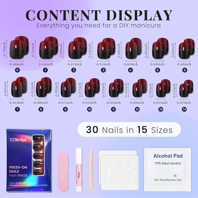 Red Black Ombre Press on Nails, Short Square Acrylic Fake Nails Design, Natural Reusable Nails Kit for Women DIY False Nail Art Decoration Gift, Salon Quality Reusable 15/30 Pcs