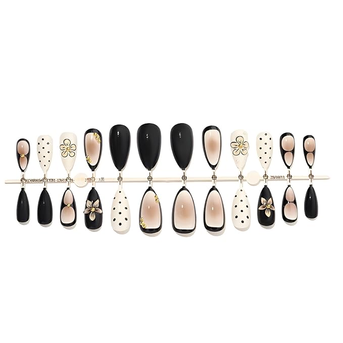 24Pcs Medium Almond Press on Nails 3D Flower Fake Nails White Black False Nails with Gold Rhinestones Design Polka Dot Nails Press Ons Glossy Glue on Nail Gradient Stick on Nail for Women