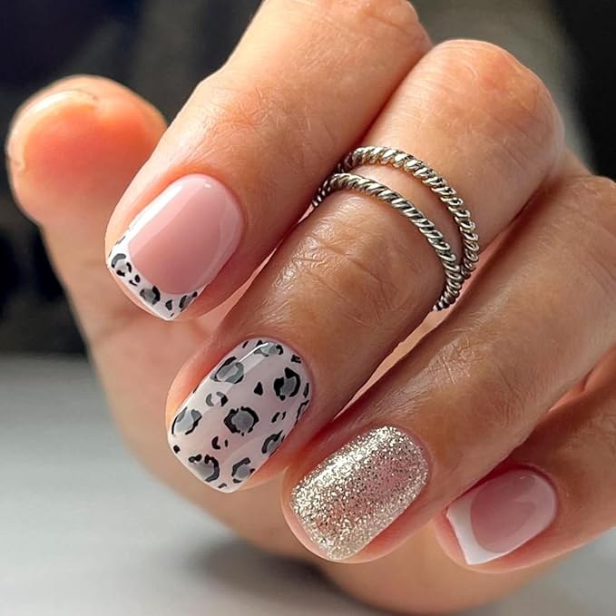 Leopard Print Press on Nails Short Square Fake Nails Glitter Nails Press ons with Design Full Cover Glossy Glue on Nail Stick on Nails for Women Manicure,Reusable | Glue Tabs | Easy Apply | 24Pcs