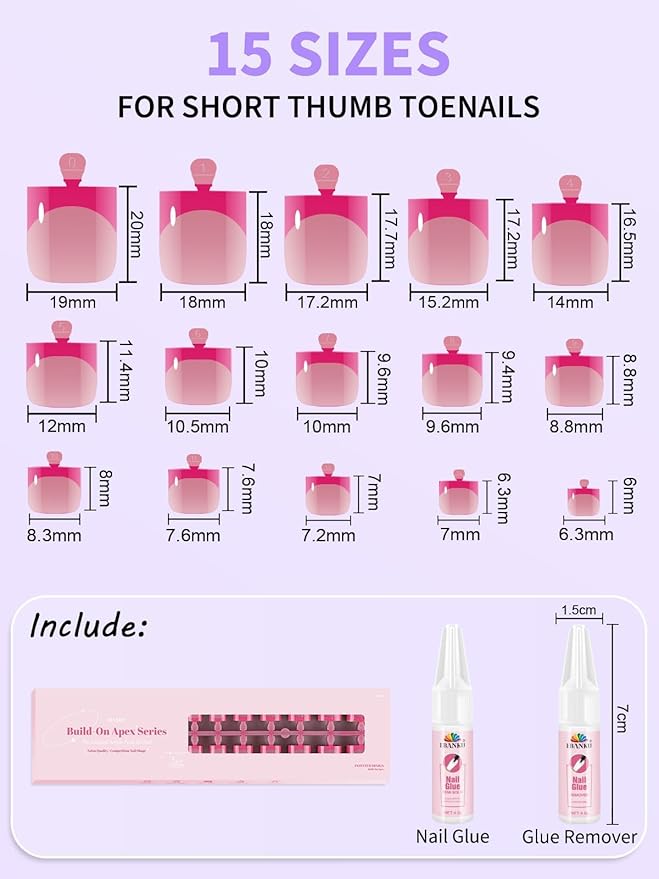 Toe Press On Nails French Tip, EBANKU 150 Pcs Pink Red Blue Purple Light Green Toe Nail Tips Press On Toenails Fake Toe Nail with Nail Glue for Women Nails DIY Salon Home 15 Sizes