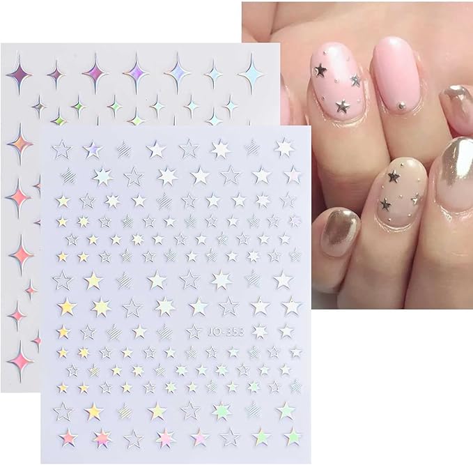 12 Sheets Aurora Nail Art Stickers Decals 3D Self-Adhesive Pegatinas Uñas Glitter Silver Nail Stickers Holographic Heart Star Fire Nail Supplies Nail Art Design Decoration Accessories for Women Girls