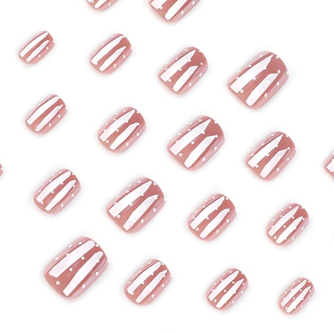 Square Press on Nails - Short Fake Nails with Polka Dot Design - Glossy, Chrome Full Cover Stick on False Nails - for Women 24 Pcs