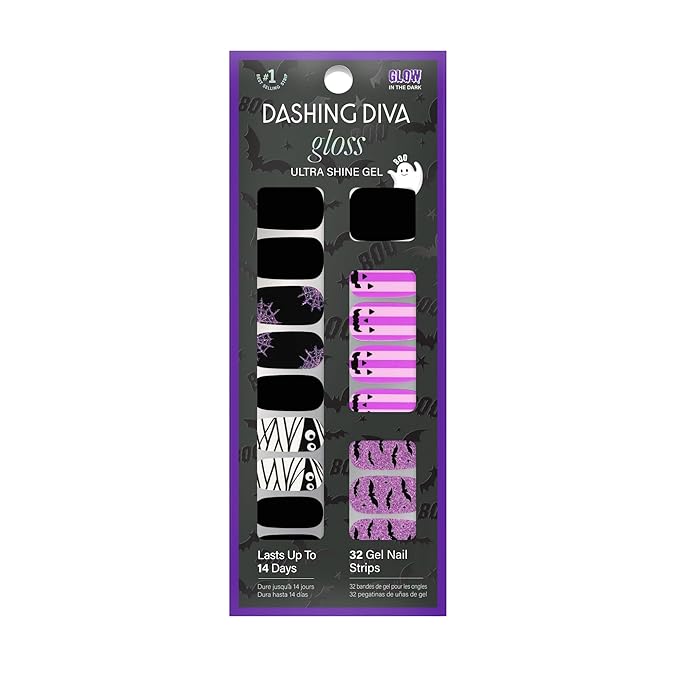 Dashing Diva Gloss Nail Strips - My Boyfriend Jack - UV Free, Chip Resistant, Long Lasting Gel Nail Stickers - 3-Piece Halloween Glow-In-The-Dark Manicure Set - Contains 32 Wraps, 1 Prep Pad, 1 File