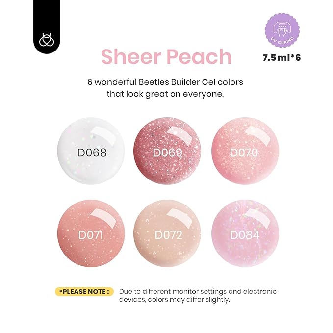 Beetles Builder Gel Set,6 Colors Glitter Shimmer 7 in 1 Nude Pink White Nail Thickening Strengthening Building Apex for Beginner DIY Salon at Home,Shimmer Builder Nail Gel,UV & LED Lamp Cured Needed