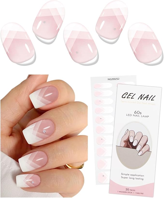 JMEOWIO Gel Nail Stickers Cream Pink French Tip Semi Cured Gel Nail Strips Wraps UV/LED Nails Art Design Decoration Accessories