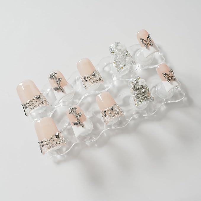 Handmade Press on Nails Short Duck White French Tip Thick Acrylic Fake Nails 3D Floral Metallic Rose Butterflies Luxury Rhinestone Design (Silver Ash Butterfly Sheen,M)